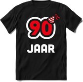 90 Jaar Feest kado T-Shirt Heren / Dames - Perfect Verjaardag Cadeau Shirt - Wit / Rood - Maat 3XL