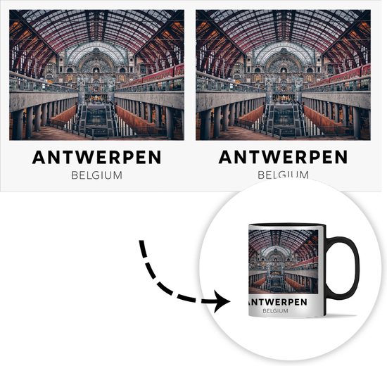 Twee prints van het station Antwerpen, België met daaronder een mok die de opdruk toont.