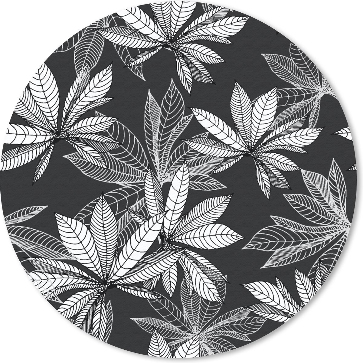 Muismat rond 20x20 cm - Mousepad Zwart - Wit - Patronen - Bladeren - Natuur - Ronde muismatten