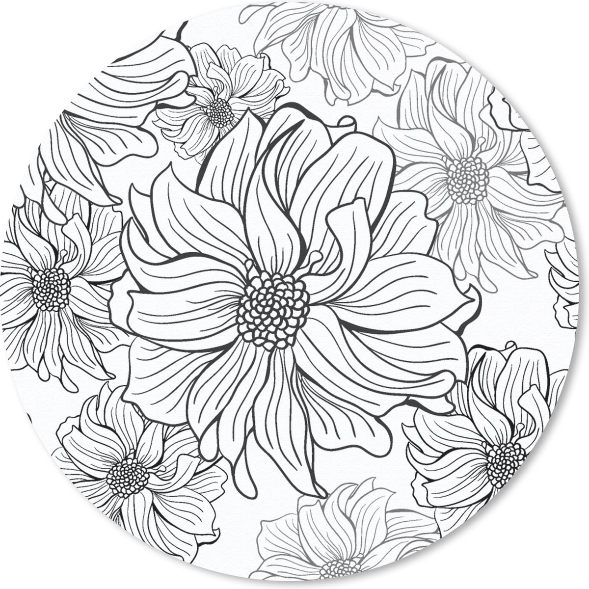 Muismat - Mousepad - Rond - Bloemen - Zwart - Wit - Design - 50x50 cm - Ronde muismat
