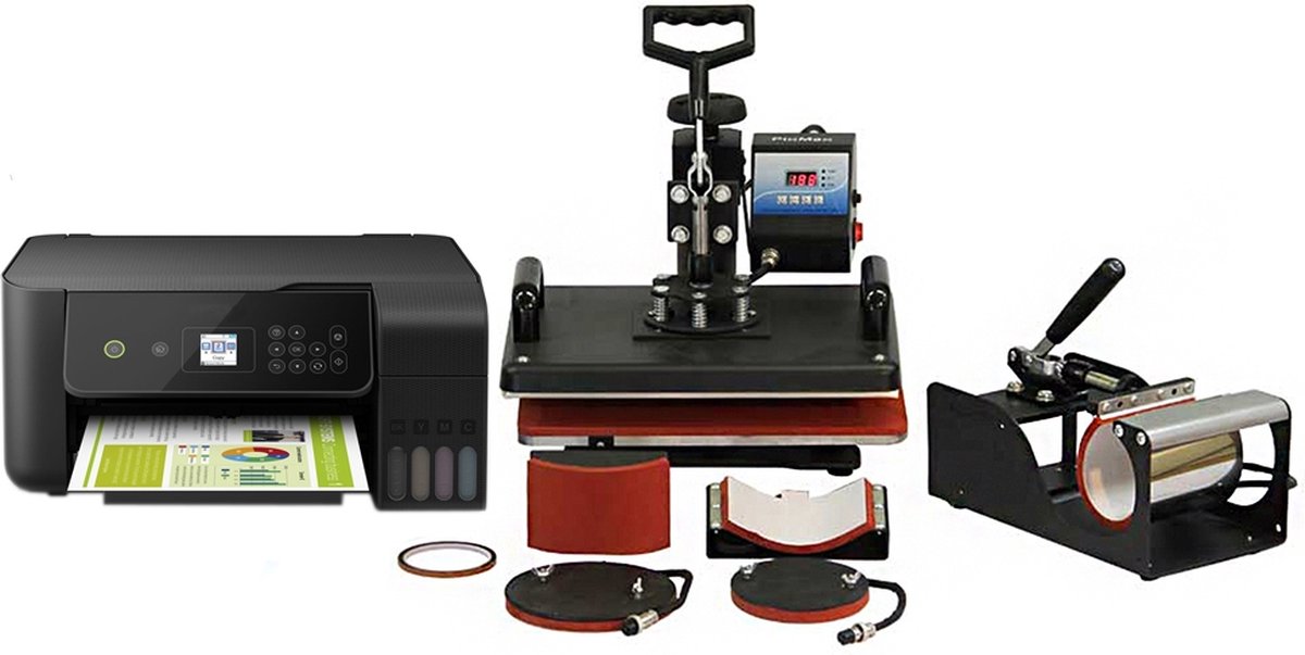 PixMax 5 in 1 Hitte Pers Bundel & Printer - Bevat: Printer, Hittepers, Petterpers, bordenpers, mokkenpers - GRATIS 10 vellen sublimatiepapier