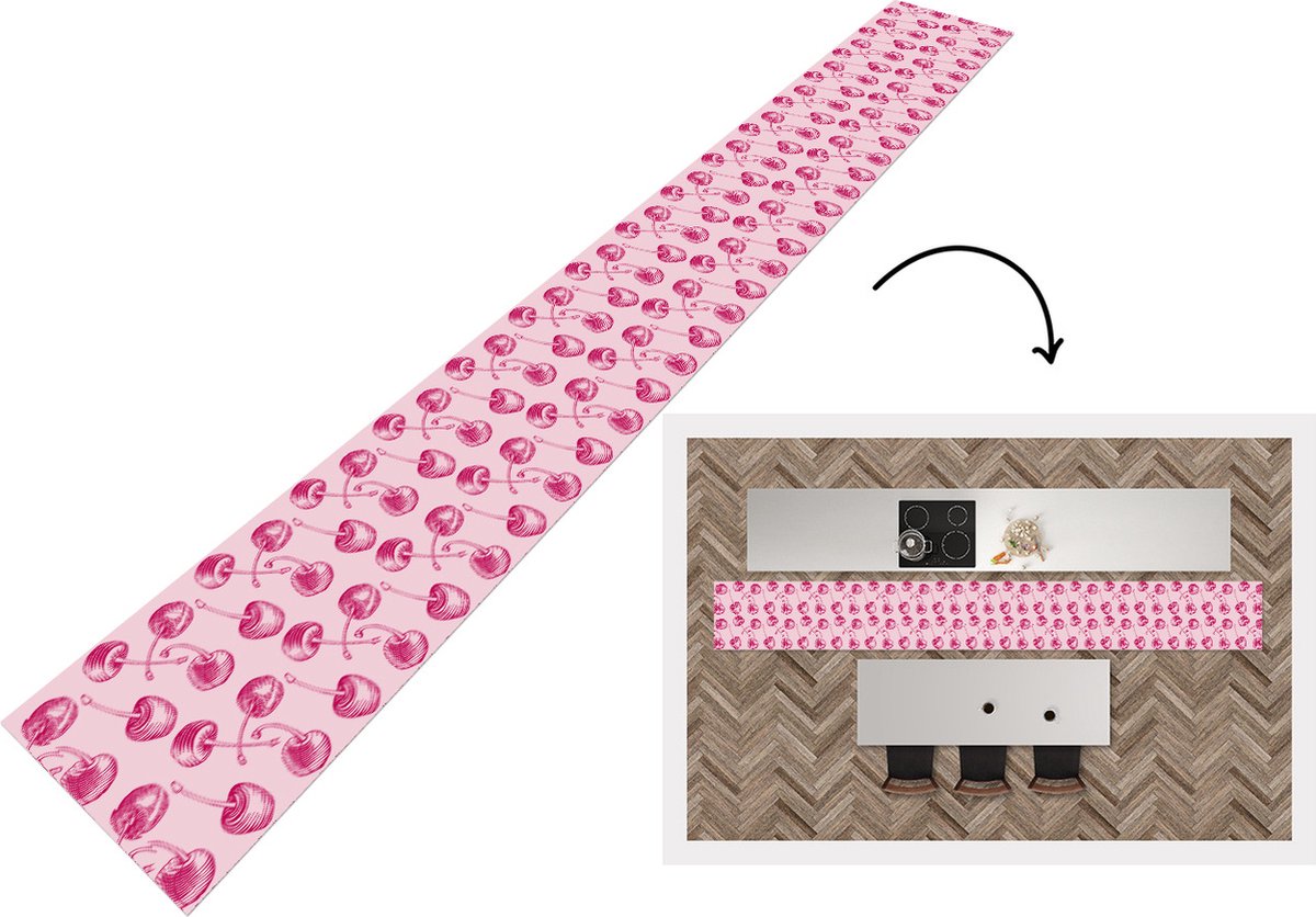 KitchenYeah Keukenloper - Keukenmat - Vintage - Kersen - Patronen - Roze - 400x50 cm - Keuken vloerkleed Multicolor