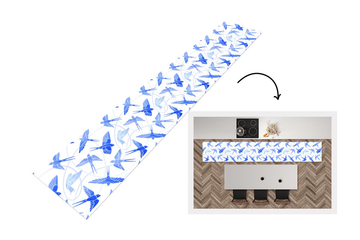 KitchenYeah Keukenloper - Keukenmat - Patroon - Blauw - Vogel - Keuken vloerkleed Multicolor