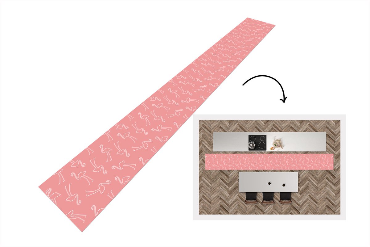 KitchenYeah Keukenloper - Keukenmat - Flamingo - Line Art - Roze - Patronen - 400x50 cm - Keuken vloerkleed Multicolor