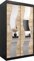 InspireMe - Kledingkast met 2 schuifdeuren, Modern-stijl, Een kledingkast met planken en een spiegel (BxHxD): 120x200x62 - REESE 120 Zwart Mat + Sonoma Eik met 2 lades