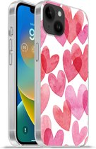 Geschikt voorApple Iphone 14 Plus - Soft case hoesje - Een illustratie met hartjes van waterverf - Siliconen Telefoonhoesje