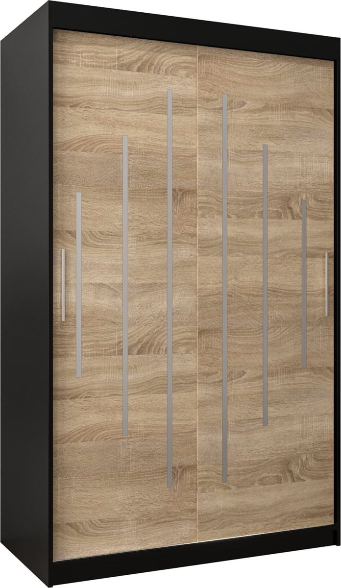 InspireME Kledingkast met 2 schuifdeuren, Modern-stijl, Een kledingkast met planken (BxHxD): 120x200x62 - MALTESE 120 Zwart Mat + Sonoma Eik met 2 lades