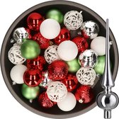 Decoris Kerstballen - 37 ST - kunststof - 6 cm - wit-rood-zilver-groen - met glazen piek