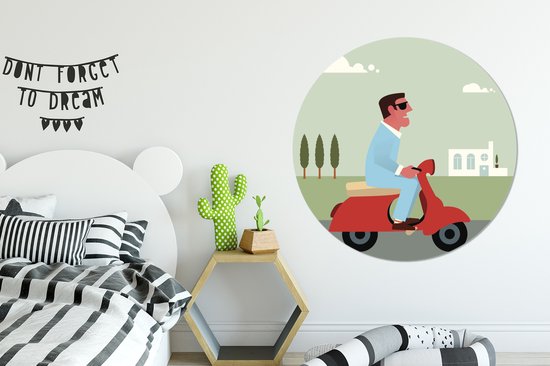 Illustration d'un homme sur une Vespa rouge Cercle mural aluminium ⌀ 120 cm - Tirage photo sur cercle mural / cercle vivant / cercle jardin (décoration murale) XXL / Groot format!