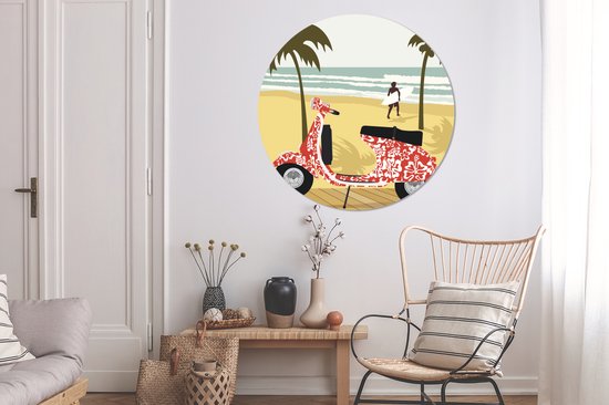 Illustration d'une Vespa rouge sur la plage Cercle mural aluminium ⌀ 140 cm