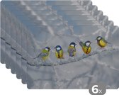 Placemat - Placemats kunststof - Vogel - Koolmees - Winter - Sneeuw - Takken - 45x30 cm - 6 stuks - Hittebestendig - Anti-Slip - Onderlegger - Afneembaar