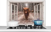 Spatscherm keuken 100x65 cm - Kookplaat achterwand Doorkijk - Schotse Hooglander - Raam - Muurbeschermer - Spatwand fornuis - Hoogwaardig aluminium - Alternatief voor spatscherm glas
