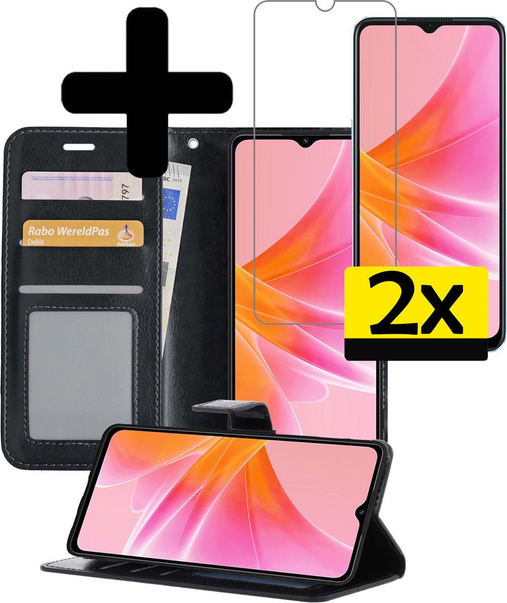 Hoesje - Met 2x Screenprotector - Geschikt voor OPPO A17 - Luxe Pasjeshouder - Bookcase Portemonee - Flip Case - Kunstleer Book Case - Flipcase Hoes - Book Cover - Walletcase - Portemonneehoes - Telefoonhoesjes - Zwart