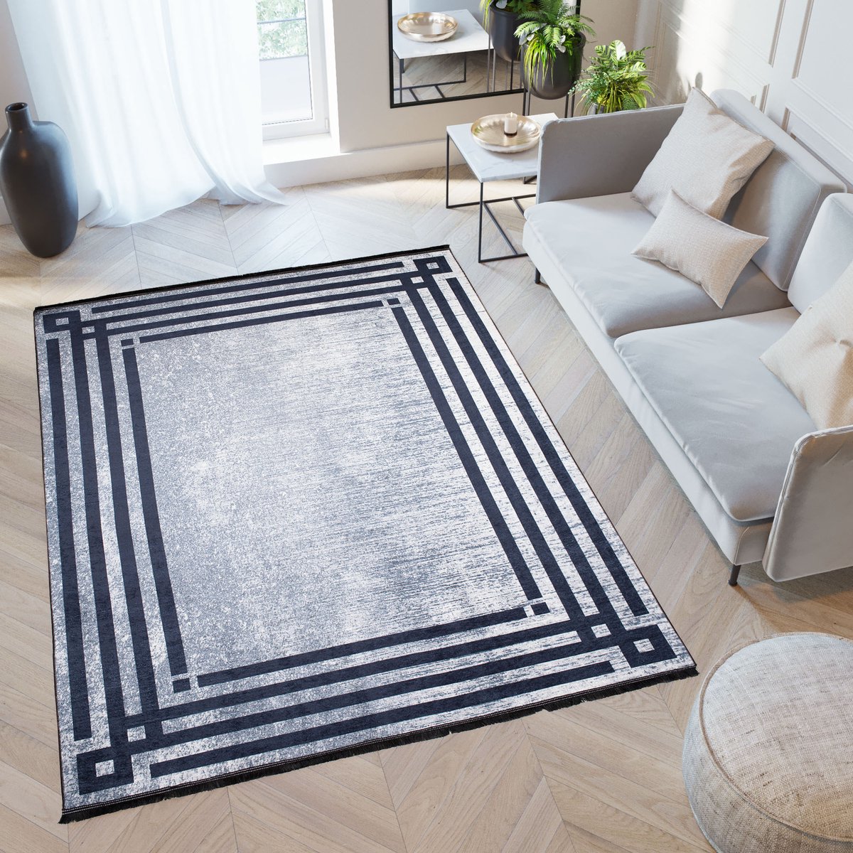 Tapiso Toscana Vloerkleed Kwastjes Grijs Blauw Frame Tapijt, foto 4