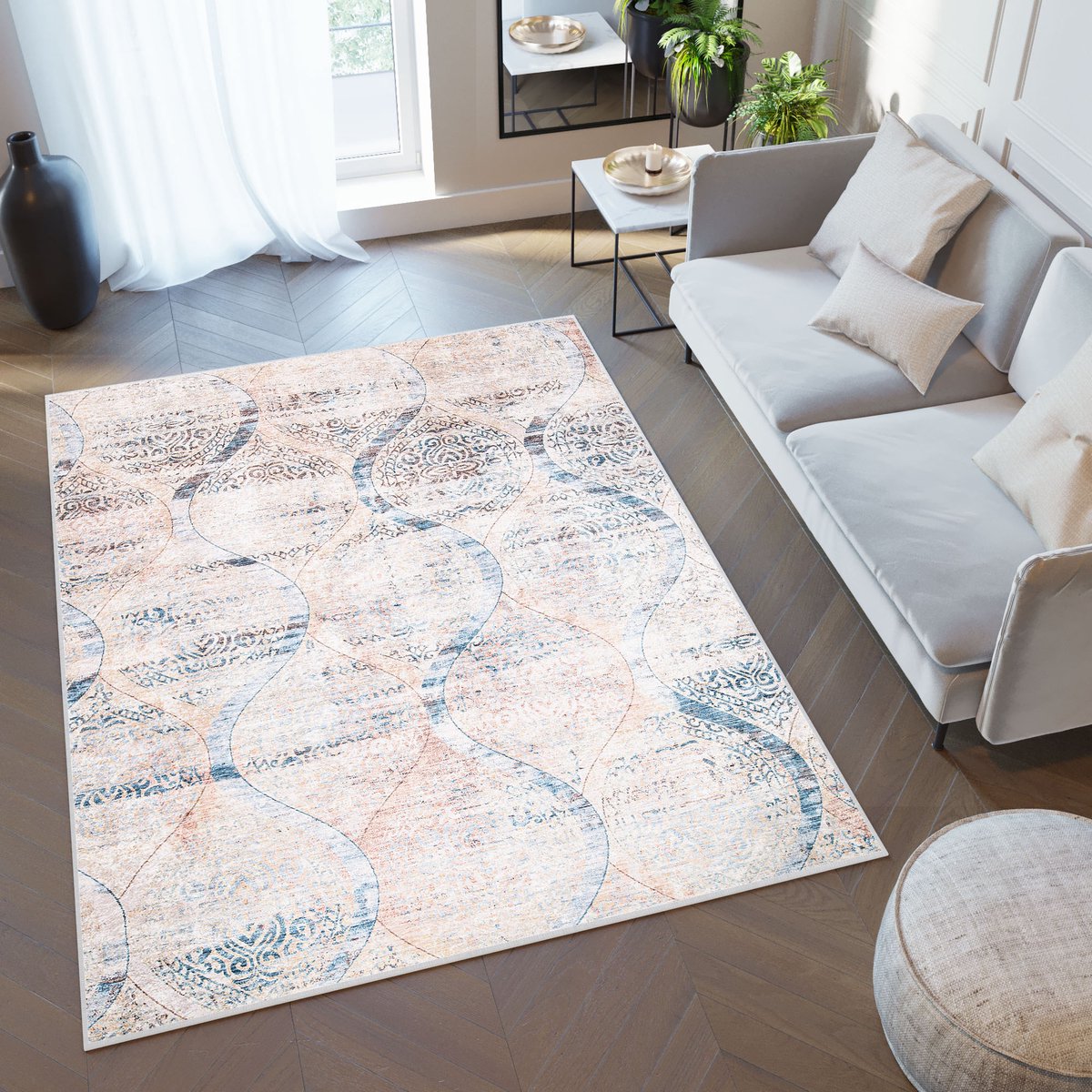 Tapiso Toscana Vloerkleed Vintage Blauw Beige Ornamenten Tapijt Maat- 160x230 Beige Blauw