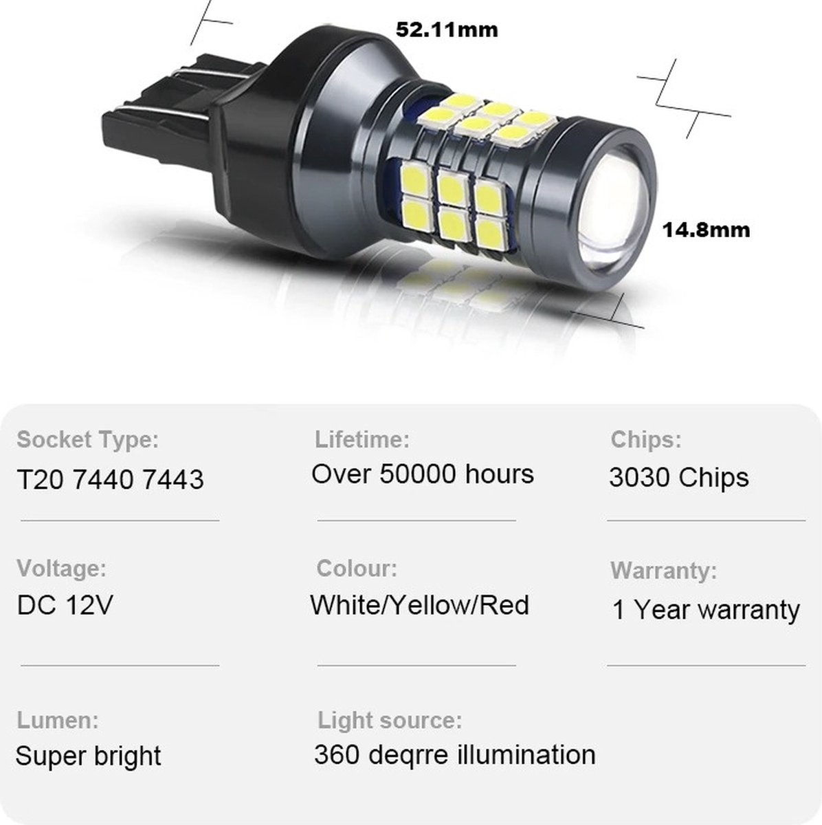 Ampoule Led T20 / W21/5W - 7443 - 150 Watts - 1380 lms - Blanc 6000K
