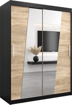 InspireMe - Kledingkast met 2 schuifdeuren, Modern-stijl, Een kledingkast met planken en een spiegel (BxHxD): 150x200x62 - THOR 150 Zwart Mat + Sonoma Eik
