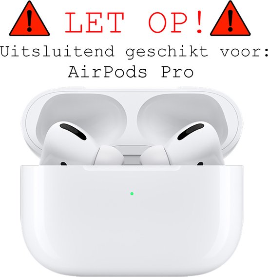 Wit Apple AirPods Pro in een open witte case, met waarschuwingstekst 'LET OP! Uitsluitend geschikt voor AirPods Pro'.