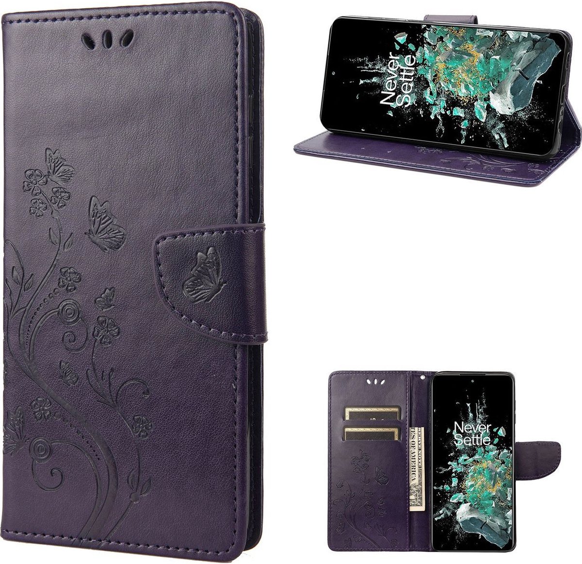 Mobigear Telefoonhoesje geschikt voor OnePlus 10T Hoesje | Mobigear Butterfly Bookcase Portemonnee | Pasjeshouder voor 3 Pasjes | Telefoonhoesje voor Pinpas / OV Kaart / Rijbewijs - Paars