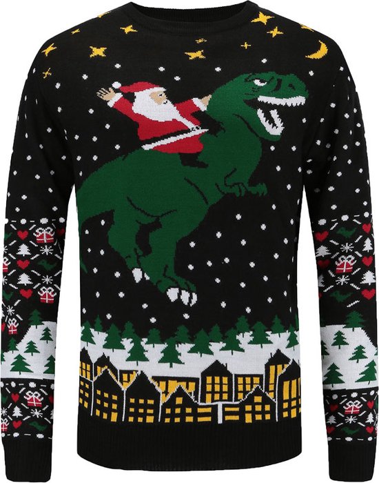 Kerstman op een T-rex Foute kersttrui - Maat: L - Gebreide kersttrui - Heren kersttrui - Dames kersttrui - Foute kersttruien - Kerst outfit - Kerstkleding - Lelijke kersttrui - Gekke kersttrui - Kersttrui met Dinosaurus - Dino kersttrui
