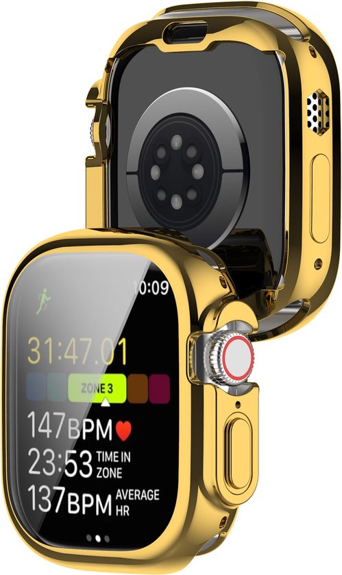 Gouden Apple Watch Ultra hoesje opengewerkt, met scherm dat hartslag toont.