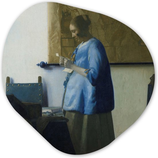 Organische Wanddecoratie - Kunststof Muurdecoratie- Organisch Schilderij - Brieflezende vrouw in het blauw - Schilderij van Johannes Vermeer- 60x60 cm - Organische spiegel vorm op kunststof