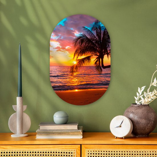 Ovale mural - Décoration murale plastique - Tableau ovale - Palmier - Coucher de soleil - Plage - Mer - Horizon - 40x60 cm - Forme miroir ovale sur plastique