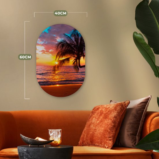 Ovale mural - Décoration murale plastique - Tableau ovale - Palmier - Coucher de soleil - Plage - Mer - Horizon - 40x60 cm - Forme miroir ovale sur plastique