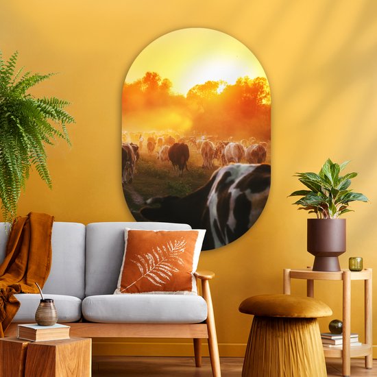 Ovale Mural - Ovale Mural - Décoration murale Plastique - Peinture Ovale - Vaches - Coucher de Soleil - Pâturage - Animaux - 80x120 cm - Forme Miroir Ovale sur Plastique