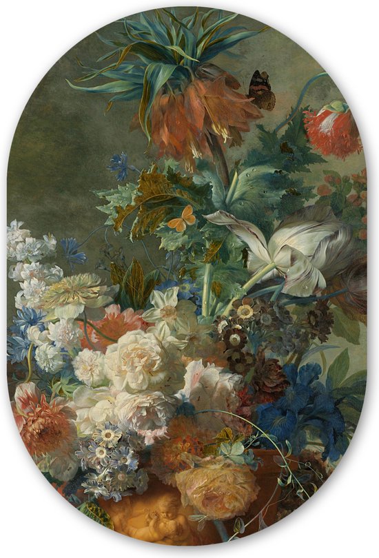 Muurovaal - Kunststof Wanddecoratie - Ovalen Schilderij - Stilleven met bloemen - Schilderij van Jan van Huysum - 60x90 cm - Ovale spiegel vorm op kunststof