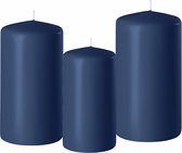 Set van 3x stuks donkerblauwe stompkaarsen 10-12-15 cm met diameter 6 cm - Sfeer kaarsen voor binnen