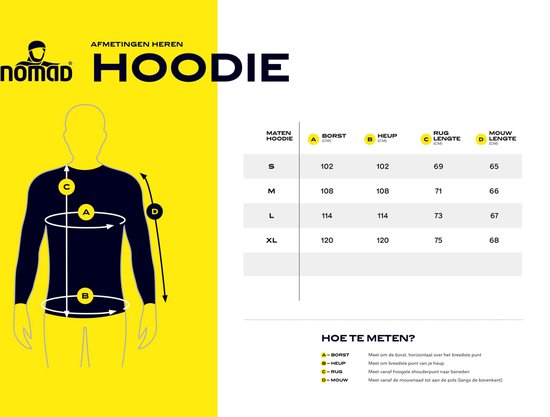 Maattabel voor heren hoodies van NOMAD met afmetingen voor borst, heup, ruglengte en mouw.