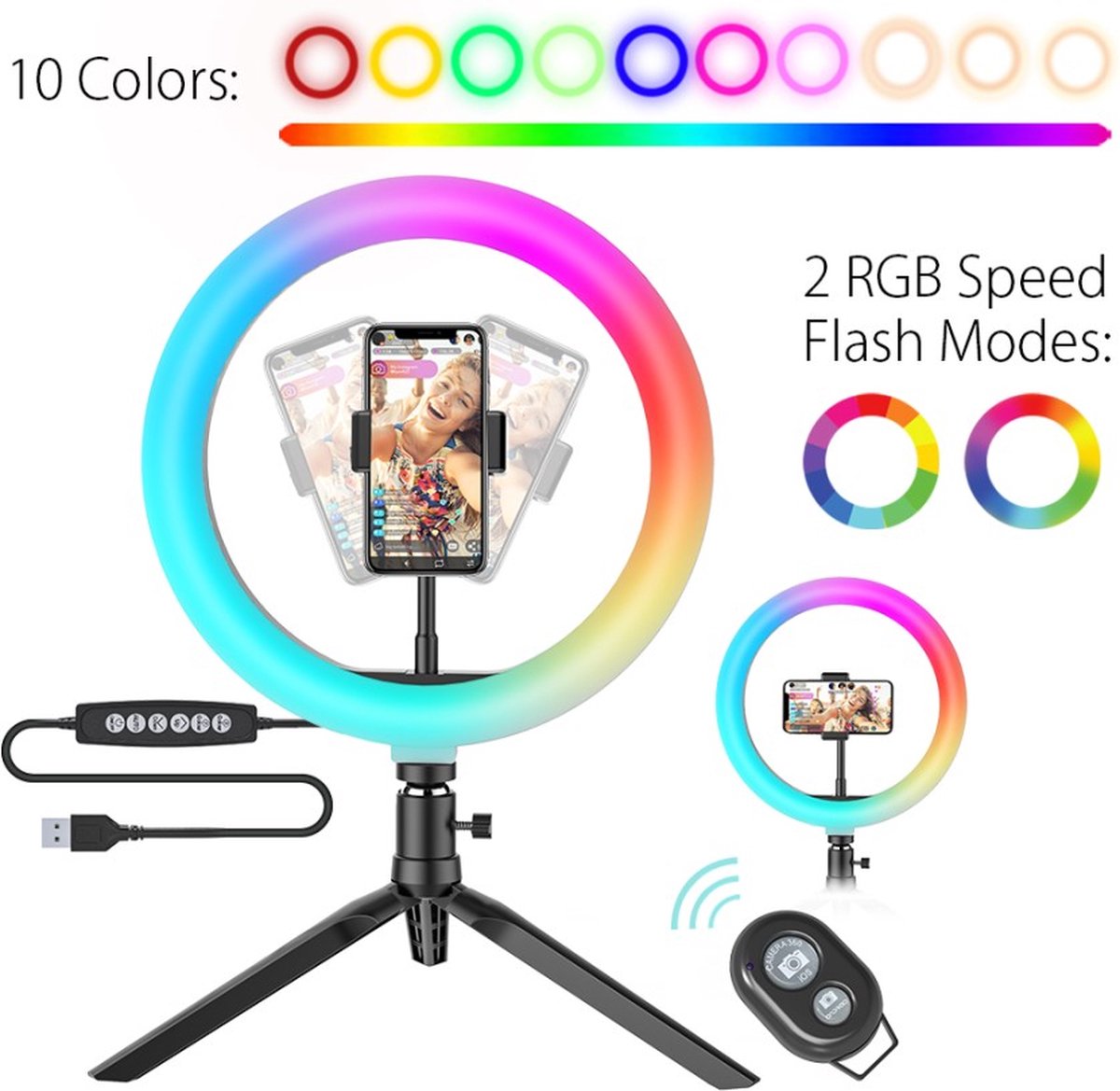 Dimbare 10-inch kleurrijke RGB LED Selfie Ring Light