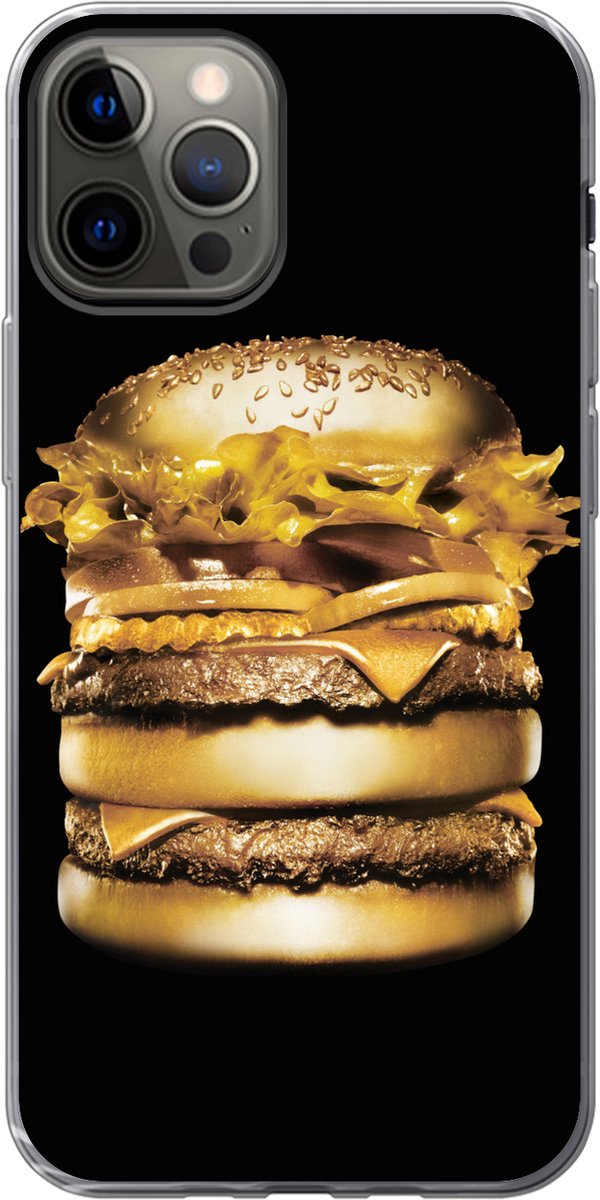 Telefoonhoesje Geschikt voor iPhone 13 Pro hoesje - Gouden hamburger op een zwarte achtergrond. - Siliconen Telefoonhoesje Telefoonhoesje
