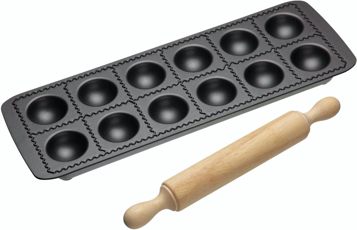KitchenCraft World of Flavours Ravioli Vorm Met Deegroller - 33 x 11,5 cm Carbon En Hout - Grijs En Bruin