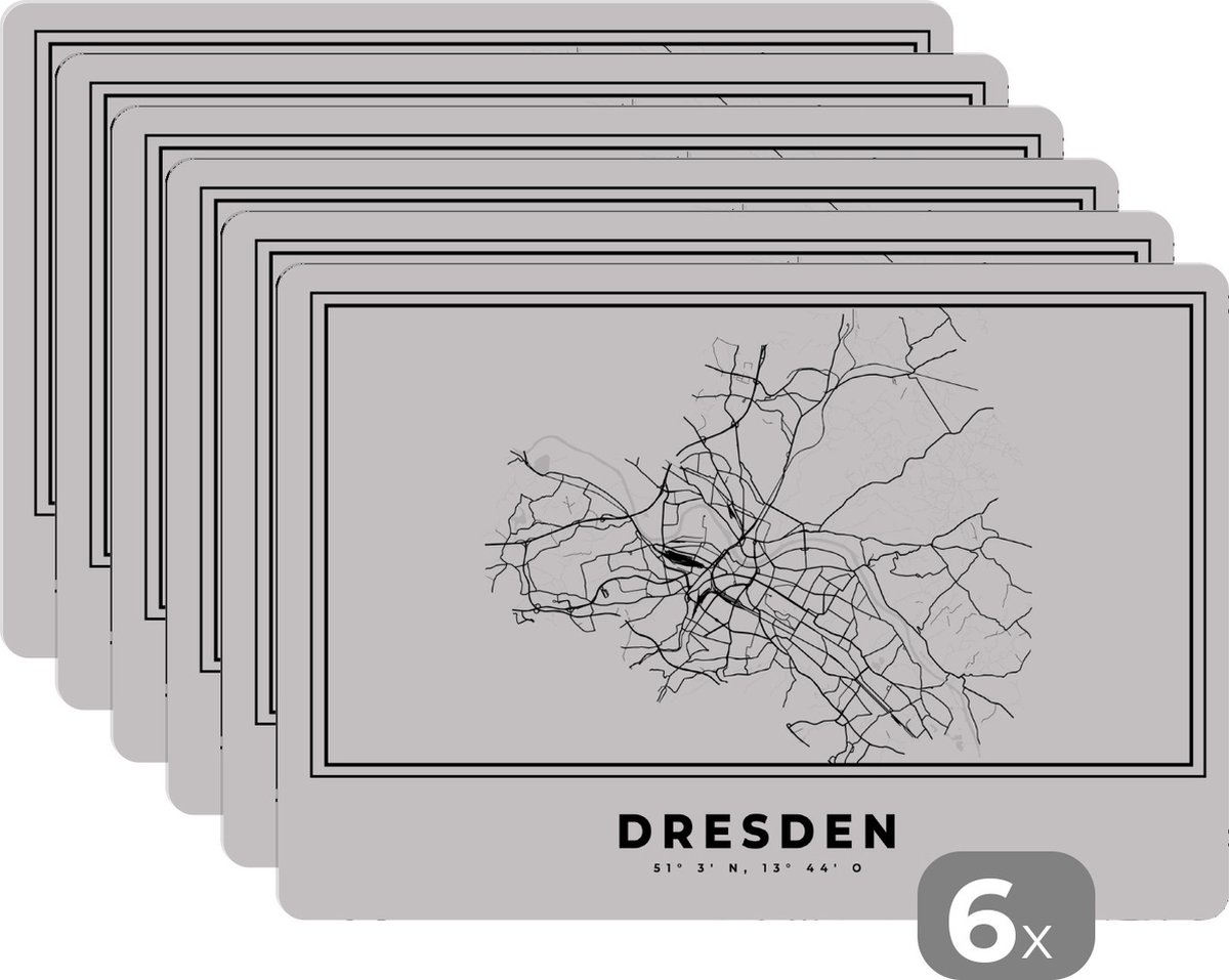 Placemat - Placemats kunststof - Zwart Wit – Duitsland – Plattegrond – Stadskaart – Kaart – Dresden - 45x30 cm - 6 stuks - Hittebestendig - Anti-Slip - Onderlegger - Afneembaar