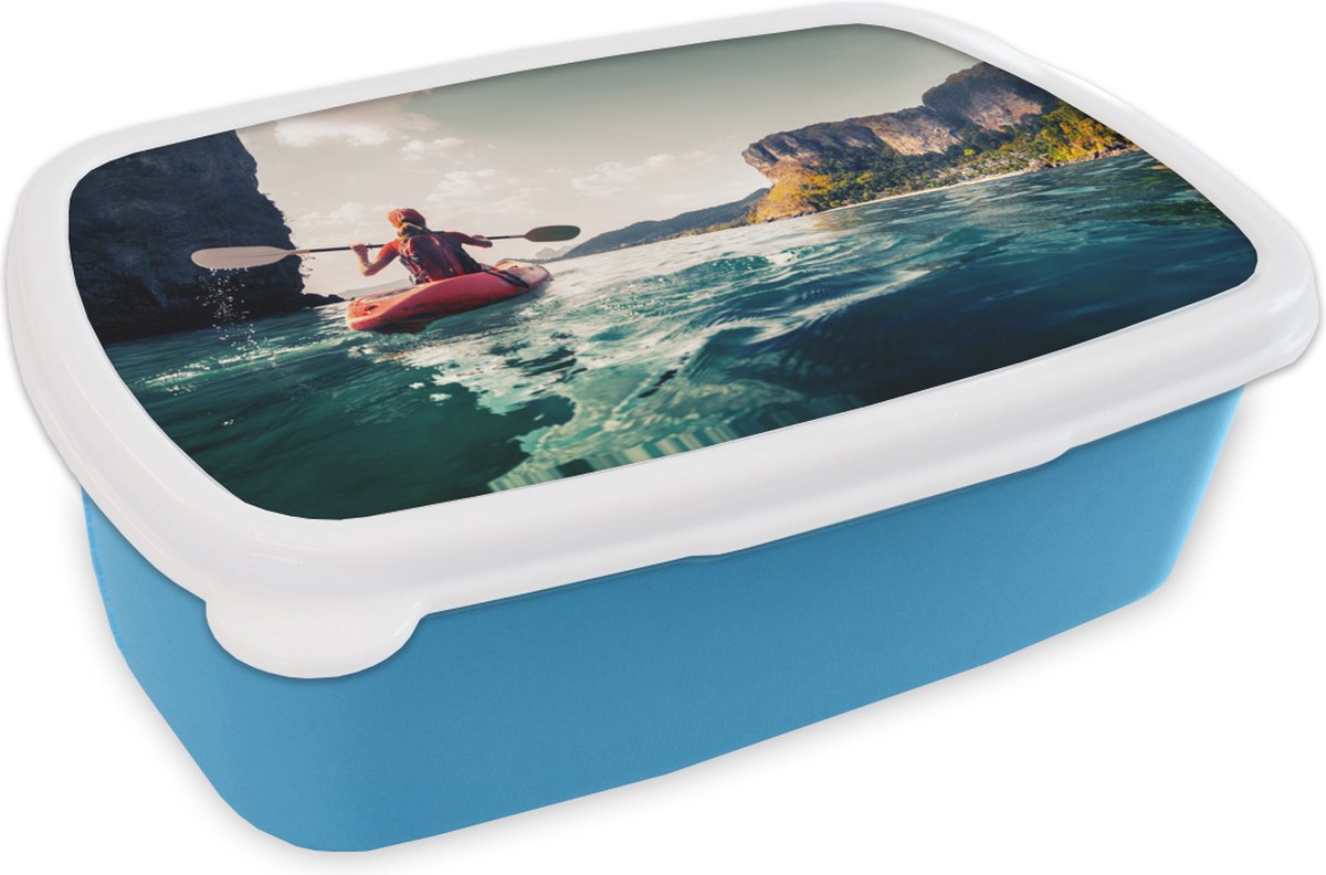 Broodtrommel Blauw - Lunchbox - Brooddoos - Kajak - Zee - Strand - 18x12x6 cm - Kinderen - Jongen