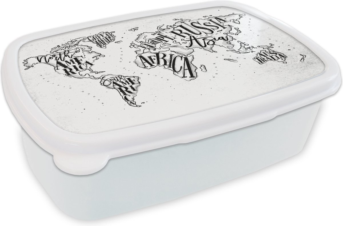 Broodtrommel Wit - Lunchbox - Brooddoos - Wereldkaart - Wit - Zwart - 18x12x6 cm - Volwassenen