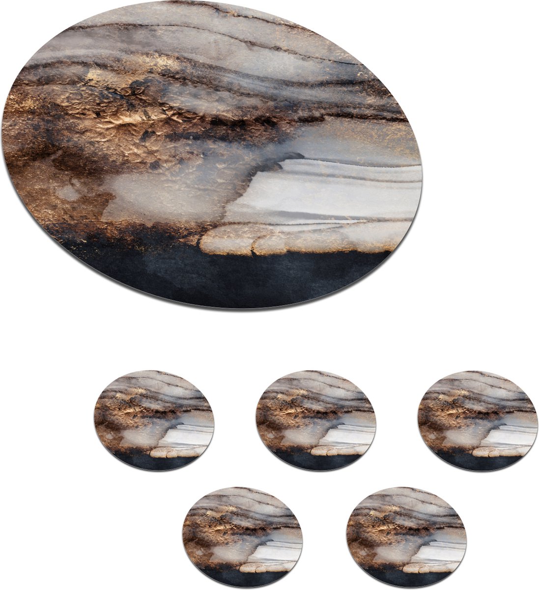 Onderzetters voor glazen - Rond - Storm - Goud - Abstract - 10x10 cm - Glasonderzetters - 6 stuks