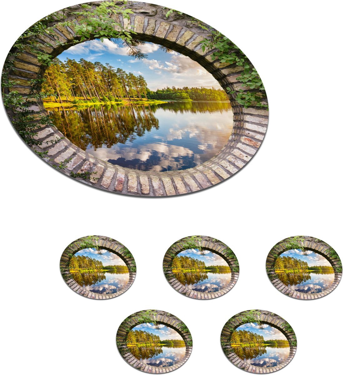 Onderzetters voor glazen - Rond - Bomen - Water - Doorkijk - 10x10 cm - Glasonderzetters - 6 stuks