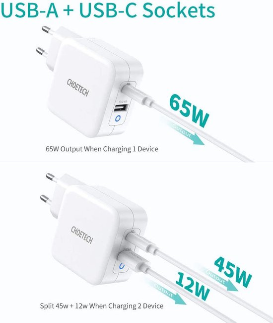 Choetech - Dual GaN-Tech stroomadapter USB-C/USB-A - Power Delivery - 65W