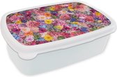 Broodtrommel Wit - Lunchbox - Brooddoos - Bloemen - Kleuren - Collage - 18x12x6 cm - Volwassenen