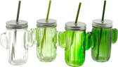 Glazen cactus drinkglas met deksel en rietje 350ml - 4 Kleuren - 4 stuks