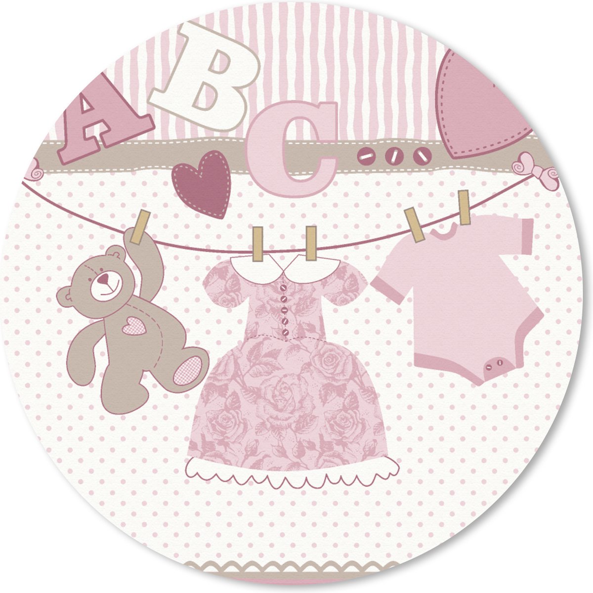 Muismat - Mousepad - Rond - Baby kleren - Meisje - Knuffelbeer - Waslijn - Design - 50x50 cm - Ronde muismat