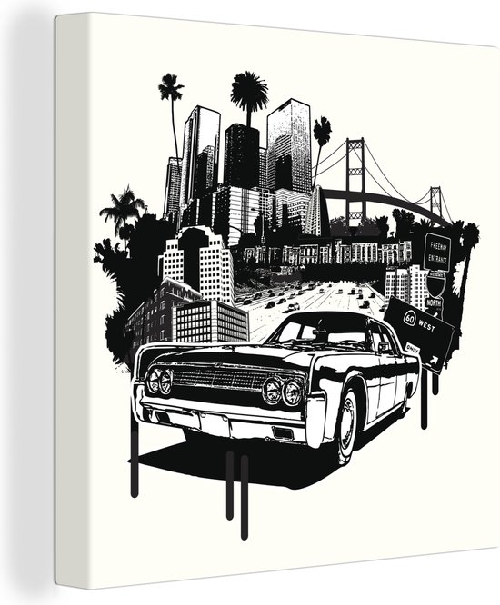 Canvas Schilderij Zwart-wit illustratie van een Amerikaanse auto voor een skyline - 90x90 cm - Wanddecoratie