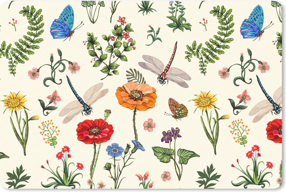 Bureau onderlegger - Muismat - Bureau mat - Insecten - Bloemen - Zomer - Regenboog - Patroon - 60x40 cm