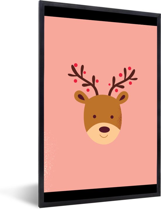 Fotolijst incl. Poster - Rendier - Kerst - Roze - Kerstmis - Winter - 40x60 cm - Posterlijst - Kerstmis Decoratie - Kerstversiering - Kerstdecoratie Woonkamer