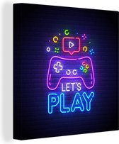 Canvas Schilderij Gaming - Neon - Let's Play - Controller - Quotes - 20x20 cm - Wanddecoratie