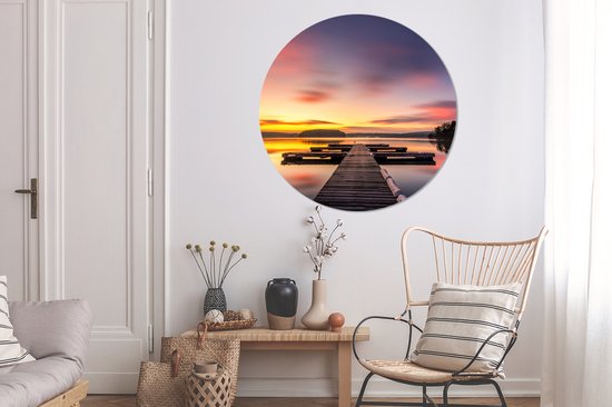 WallCircle - Wall Circle - Wall Circle - Echafaudage - Coucher de Soleil - Water - Mer - Reflet - Aluminium - Dibond - 140x140 cm - Intérieur et Extérieur