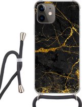 Hoesje met koord Geschikt voor iPhone 12 - Marmer print - Goud - Zwart - Marmer printlook - Luxe - Glitter - Siliconen - Crossbody - Backcover met Koord - Telefoonhoesje met koord - Hoesje met touw